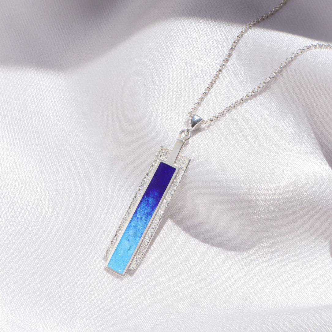 modern silver blue pendan, enamel necklace,