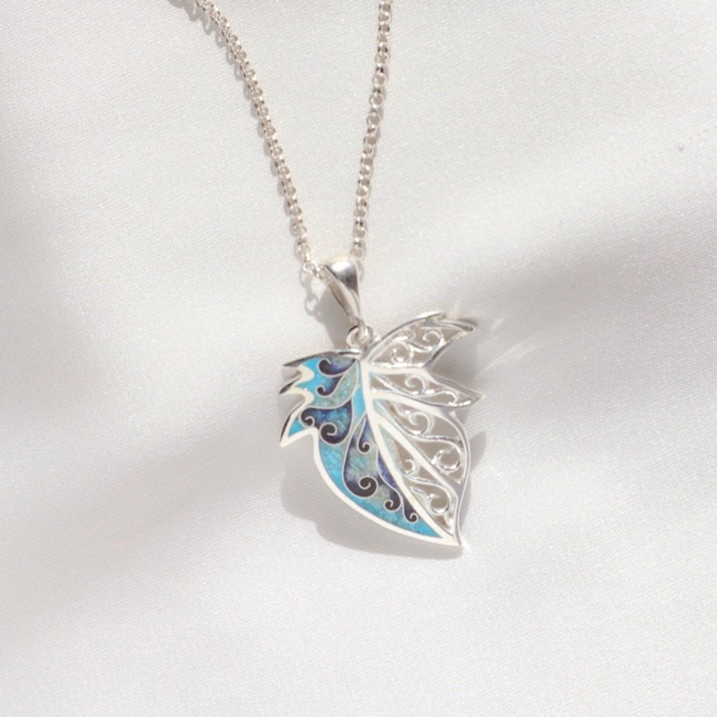 silver leaf necklace, enamel jewelry