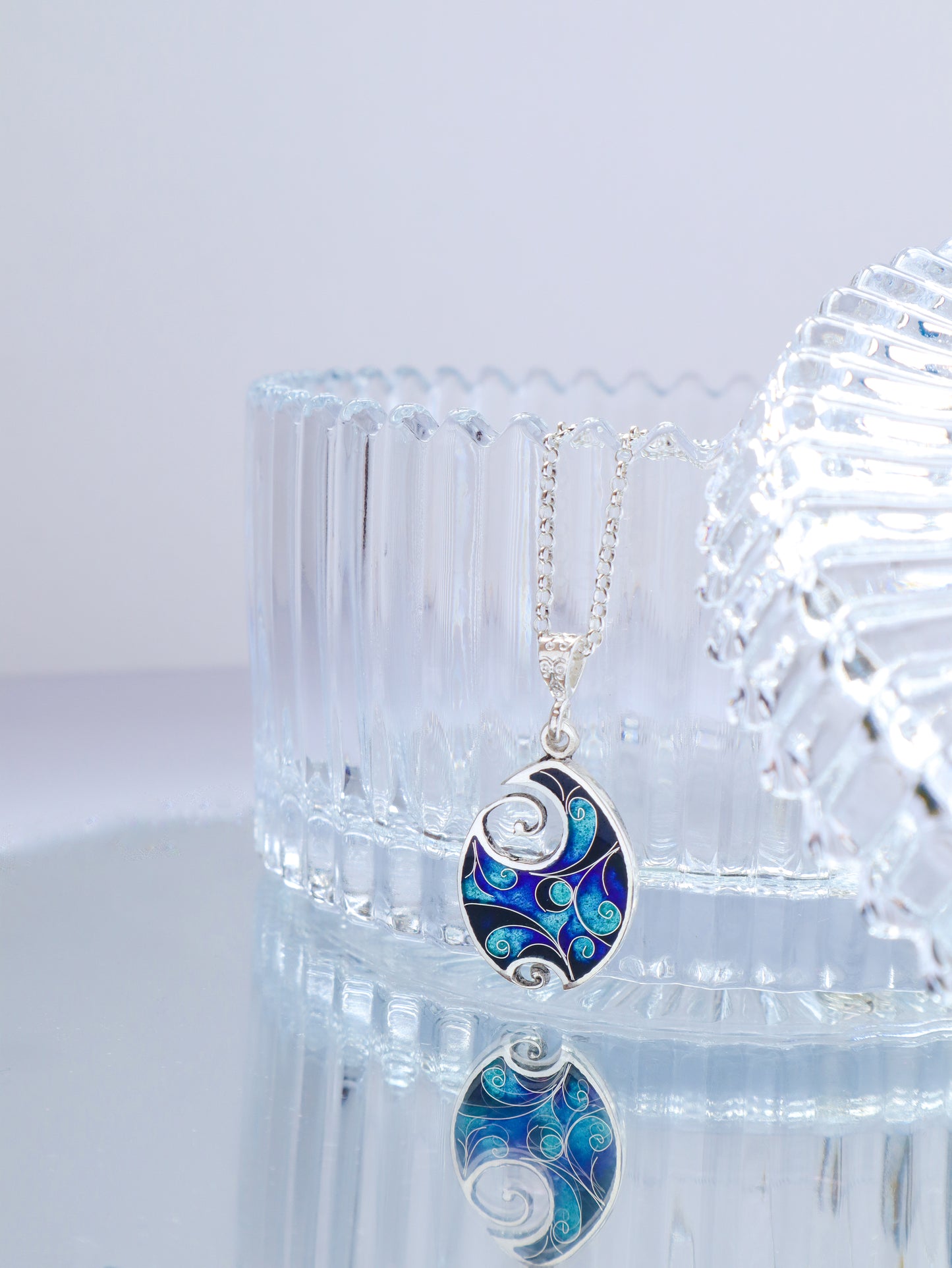 blue black enmel pendant, oval enamel necklace