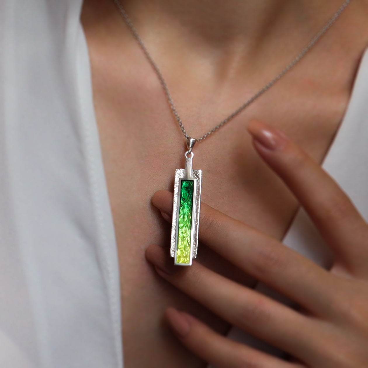modern green enamel pendant, sterling silver pendant necklace