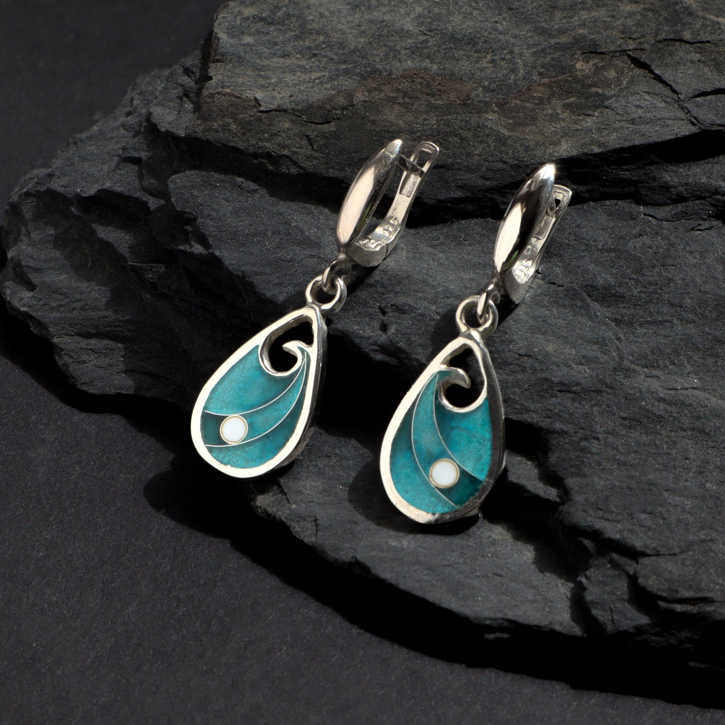 turquose blue earrings, cloisonne enamel