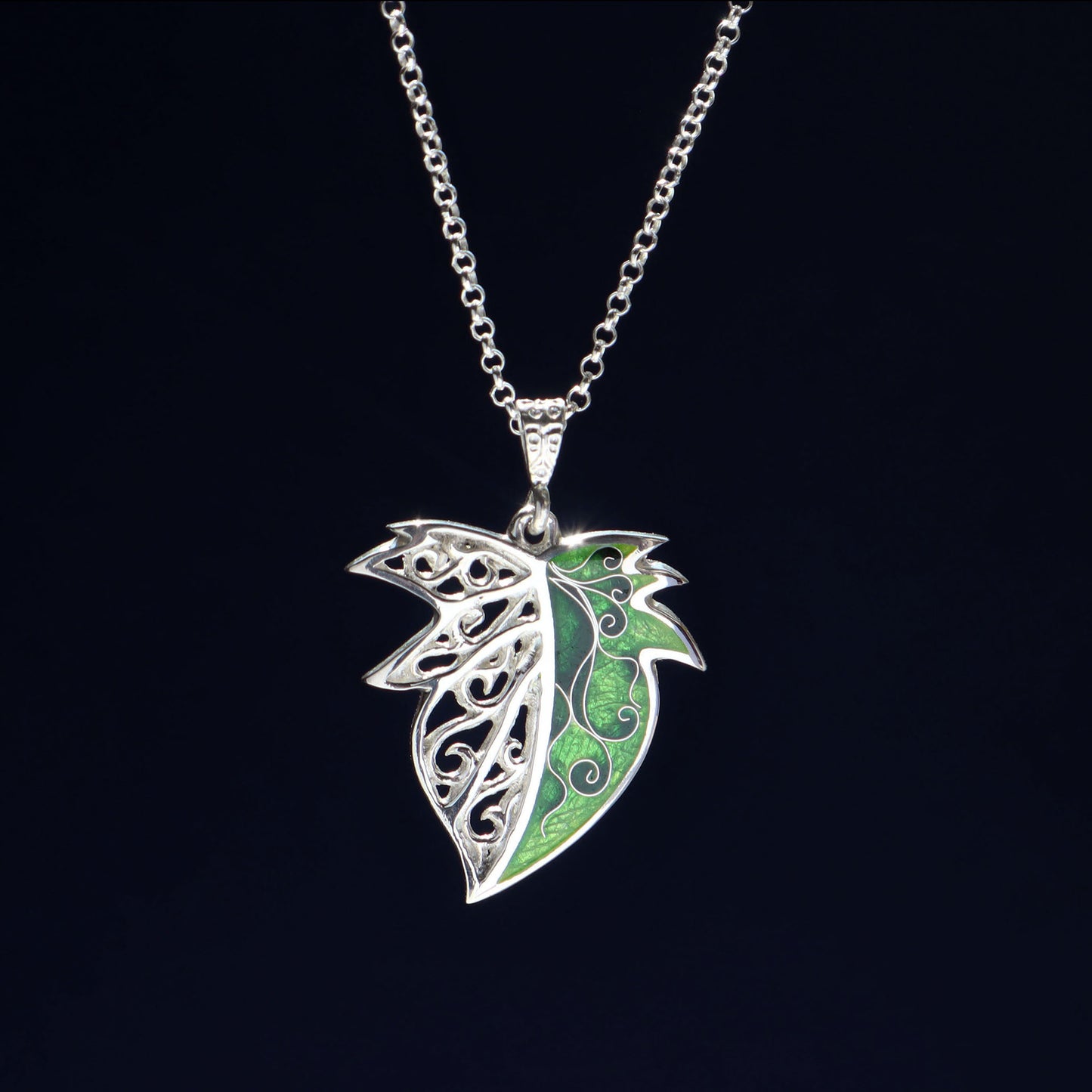 cloisonne leaf necklace, handmade silver pendant