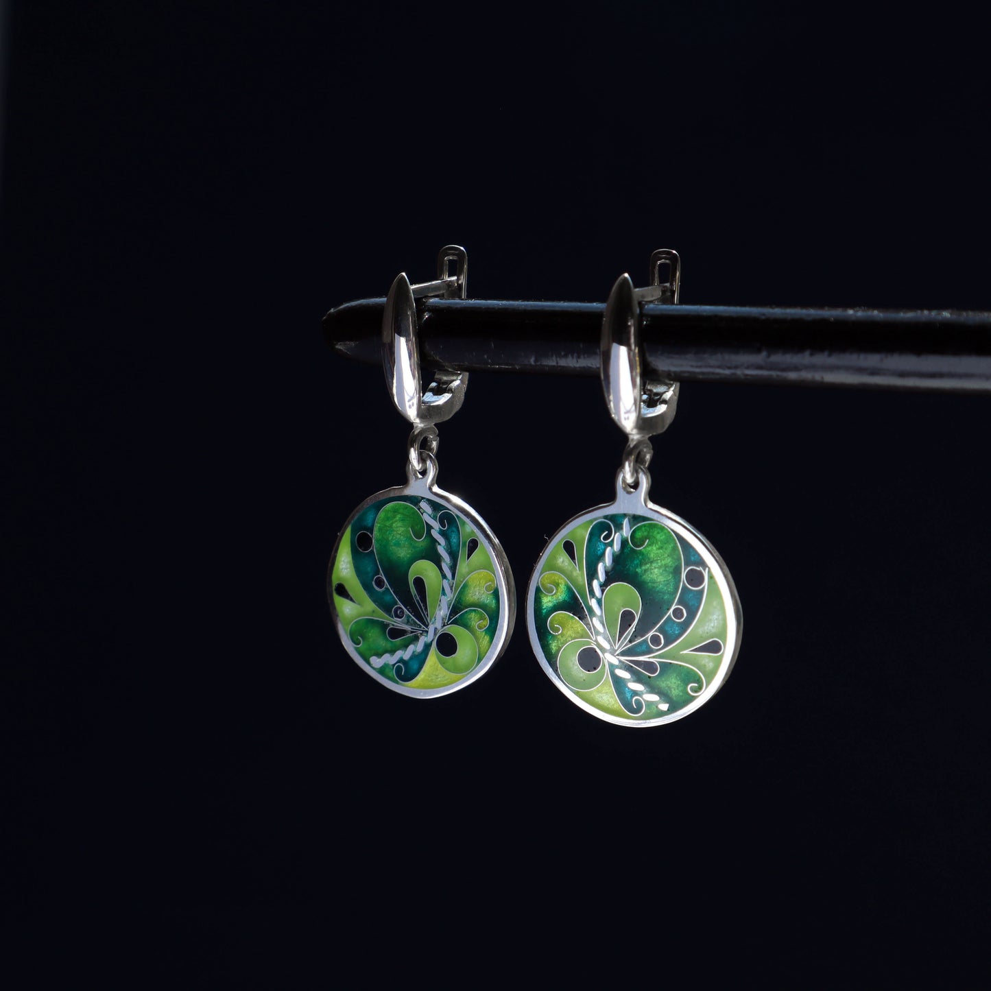 dangle silver earrings, minankari, cloisonne enamel