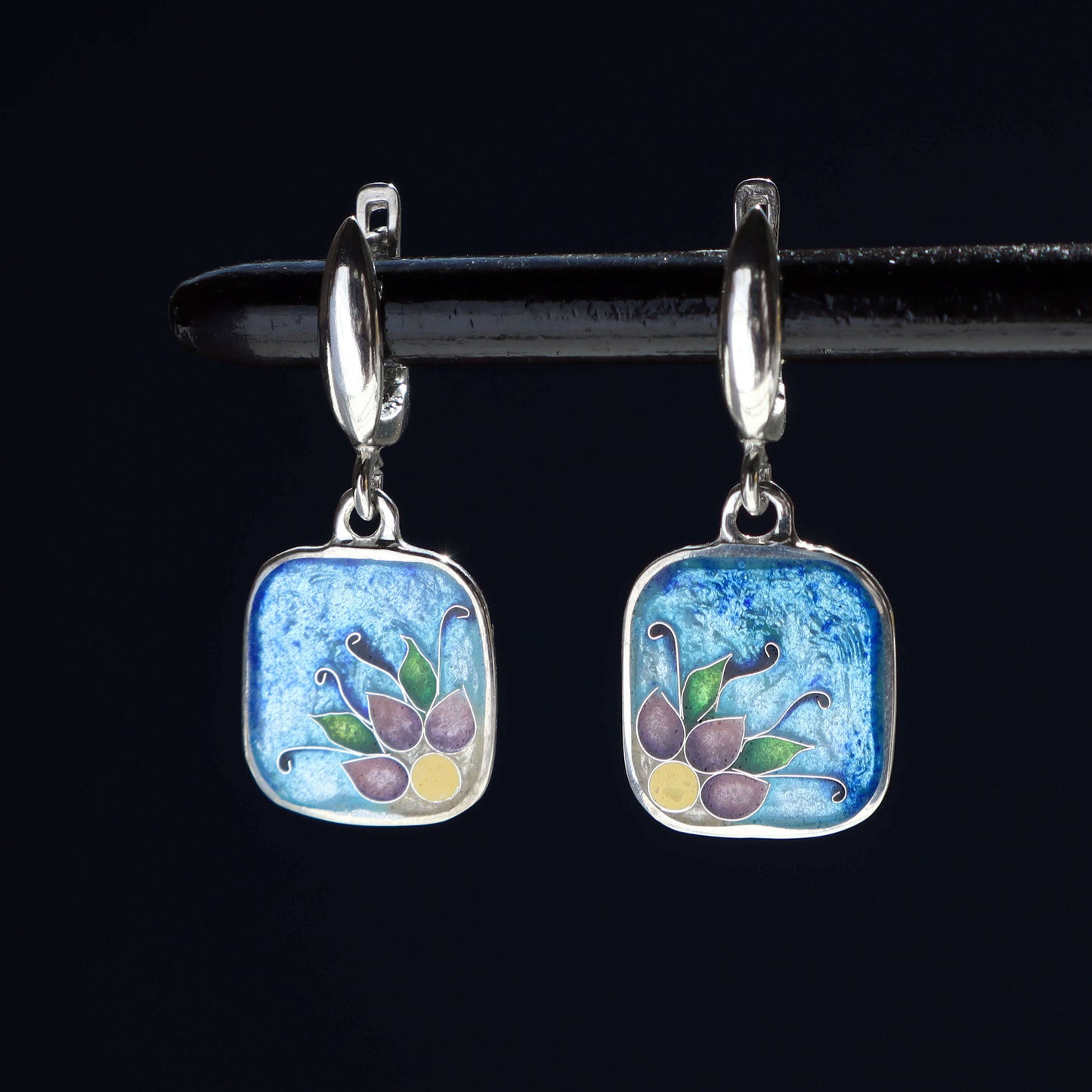 georgian cloisonne earrings, minankari, sterling silver