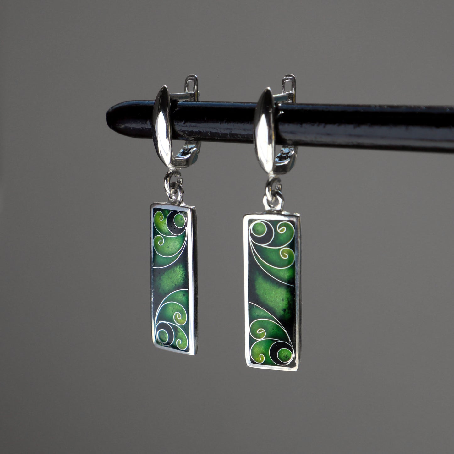 green cloisonne earings, sterling silver earrings, tbilisi
