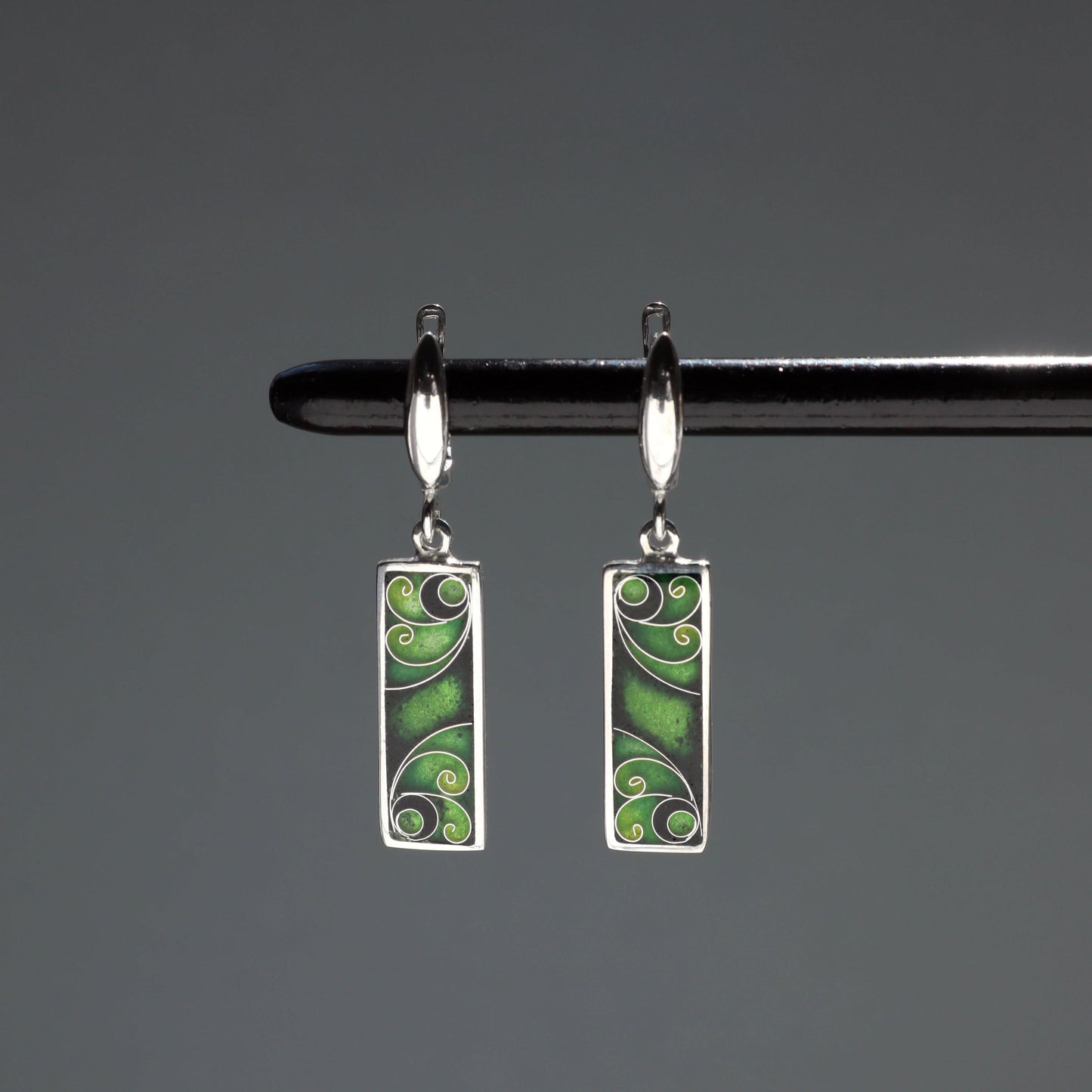 dangle enamel earrings, green cloisonne