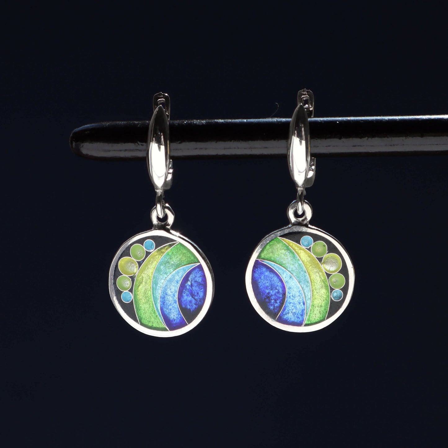 silver cloisonne earrings, dangle earrings