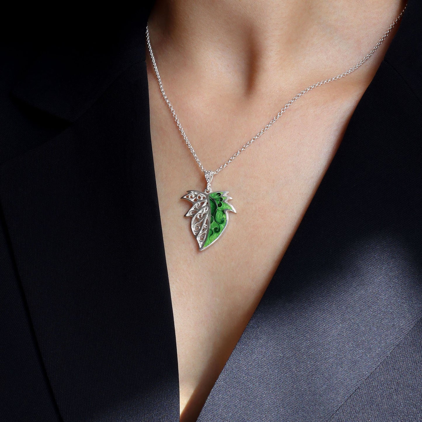 silver leaf necklace, green cloisonne pendant
