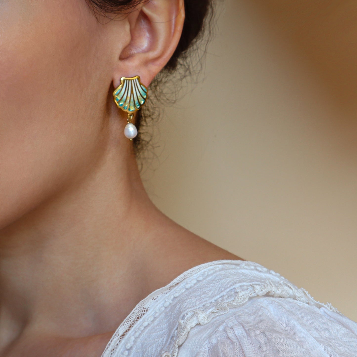 gold shell earrings, cloisonne earrings, handmade jewelry