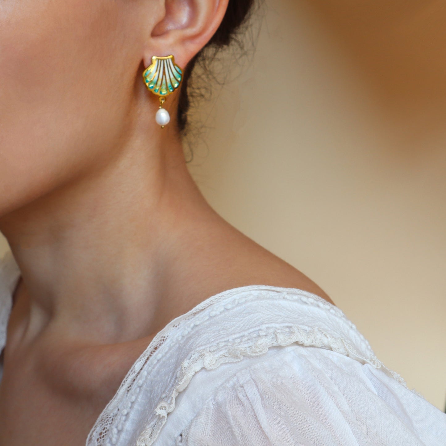gold Seashel earrings, enamel shell earrings, cloisonne earrings