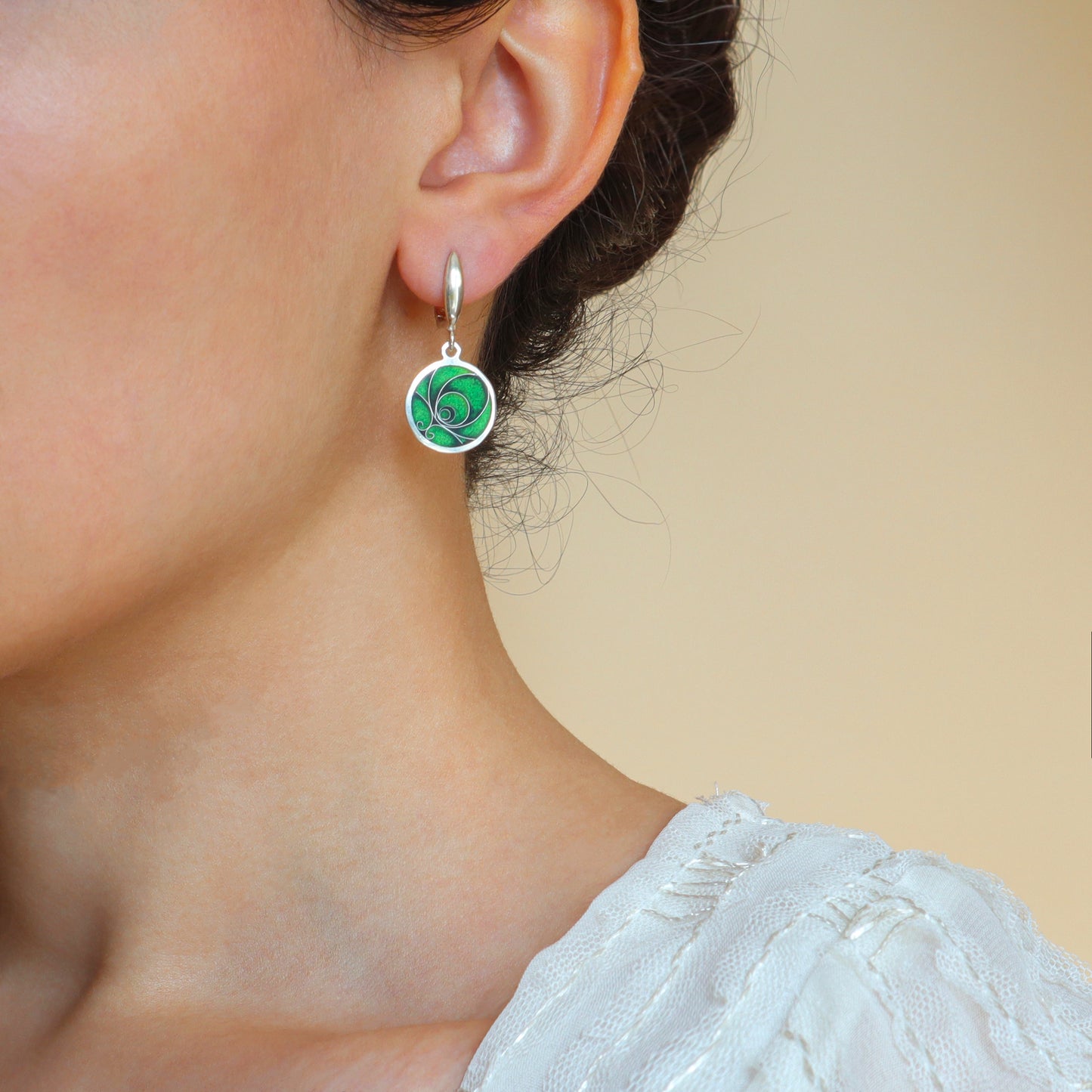 green earrings, sterling silver enamel earrings, cloisonne