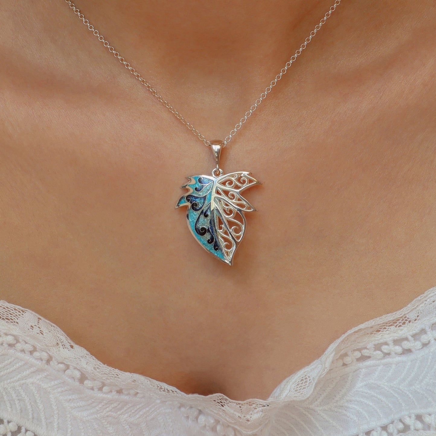 cloisonne leaf necklace, enamel silver necklace