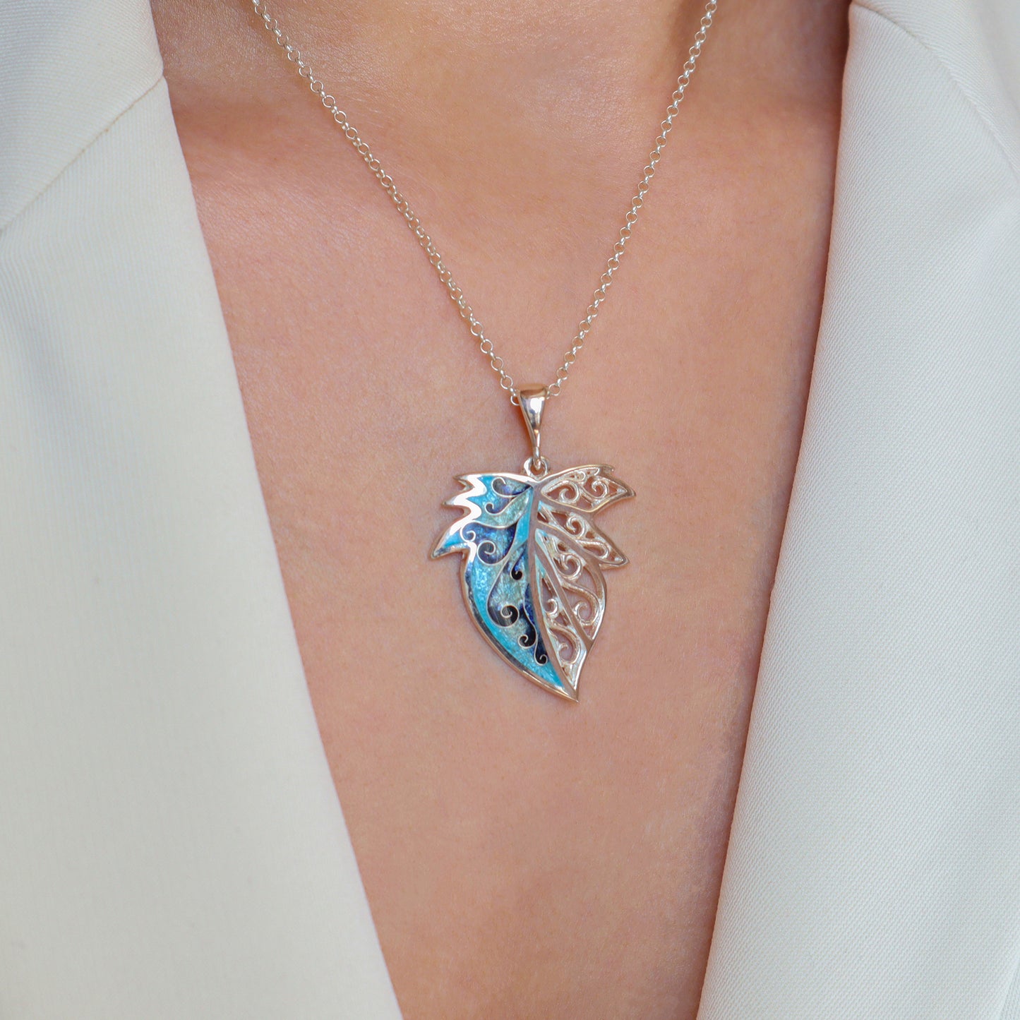 enamel leaf necklace, cloisonne jewelry minankari