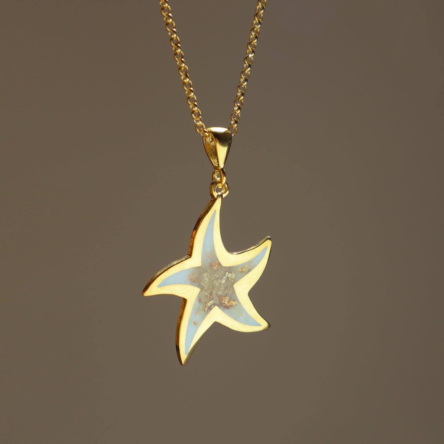 gold starfish necklace, gold enamel necklace