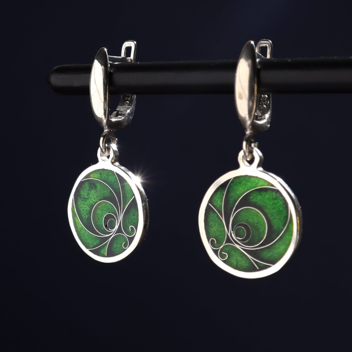 green cloisonne enamel earrings, minankari, sterling silver