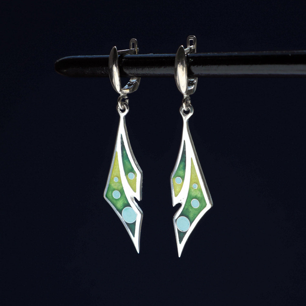dangle silver enamel earrings, handmade jewelry