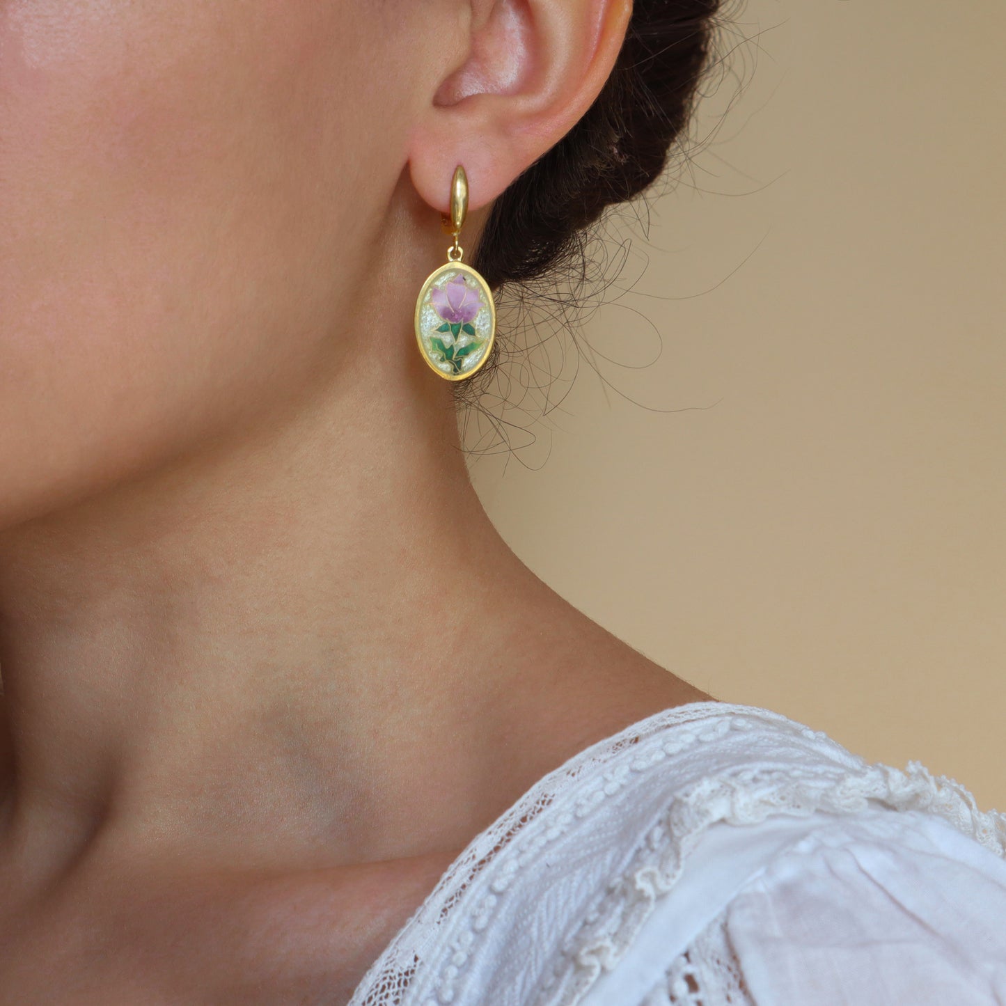cloisonne floral earrings, gold enamel earrings