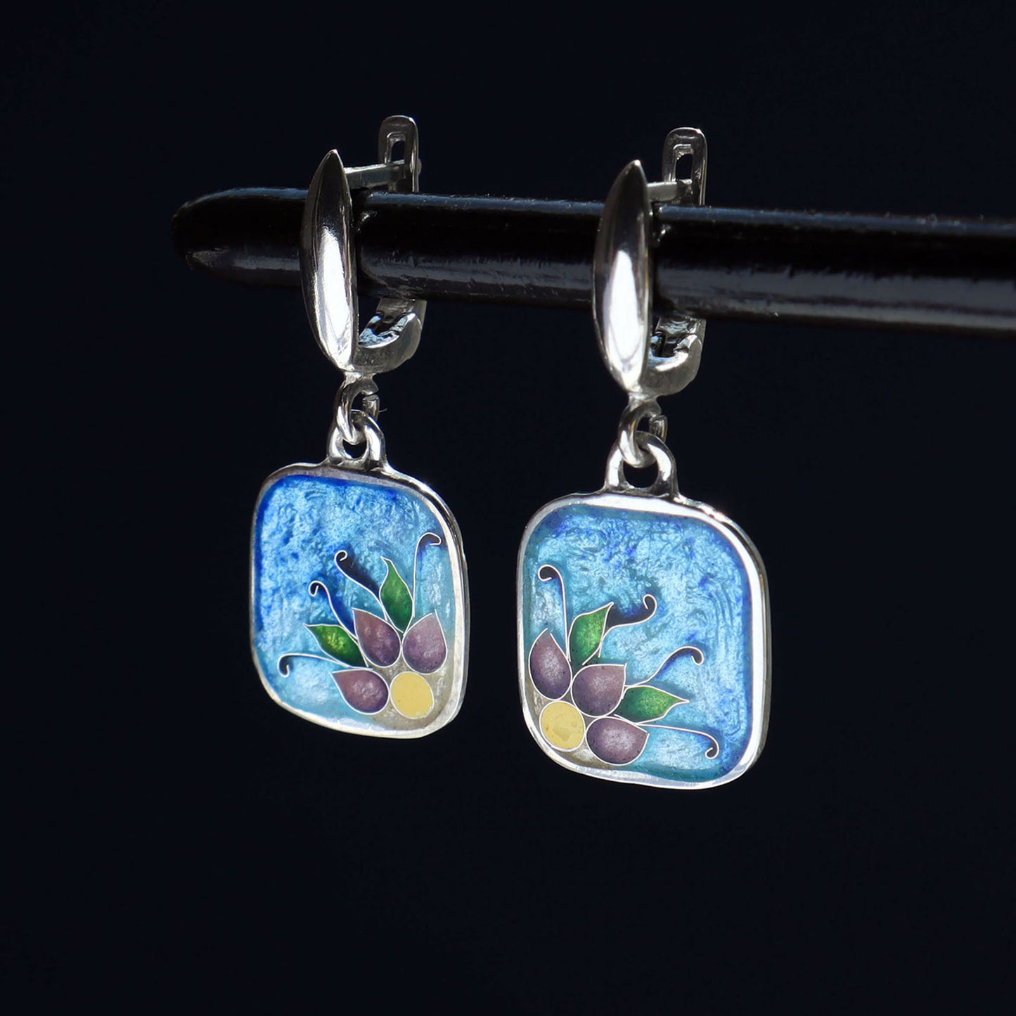 floral cloisonne earrings- sterling silver jewelry
