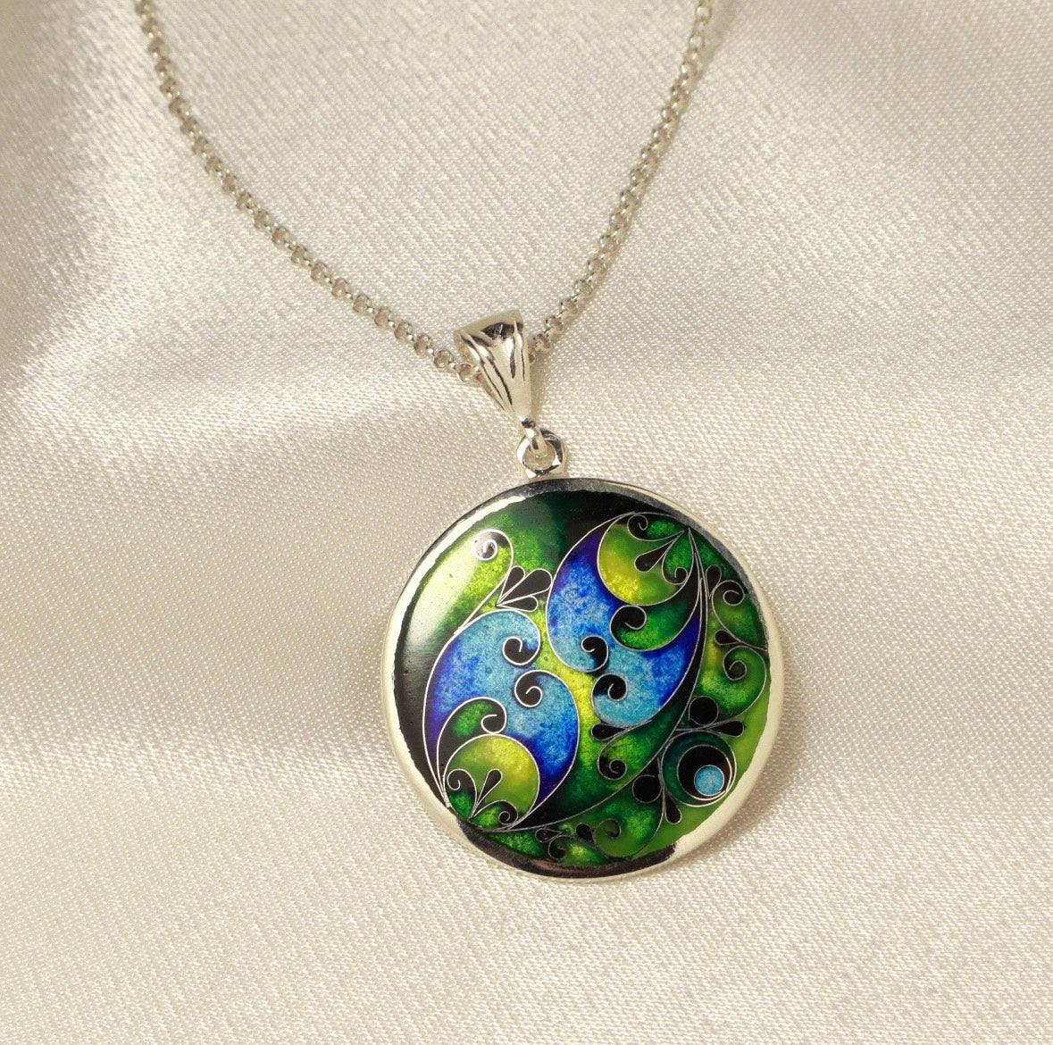 georgian cloisonne enamel necklace, sterling silver pendant