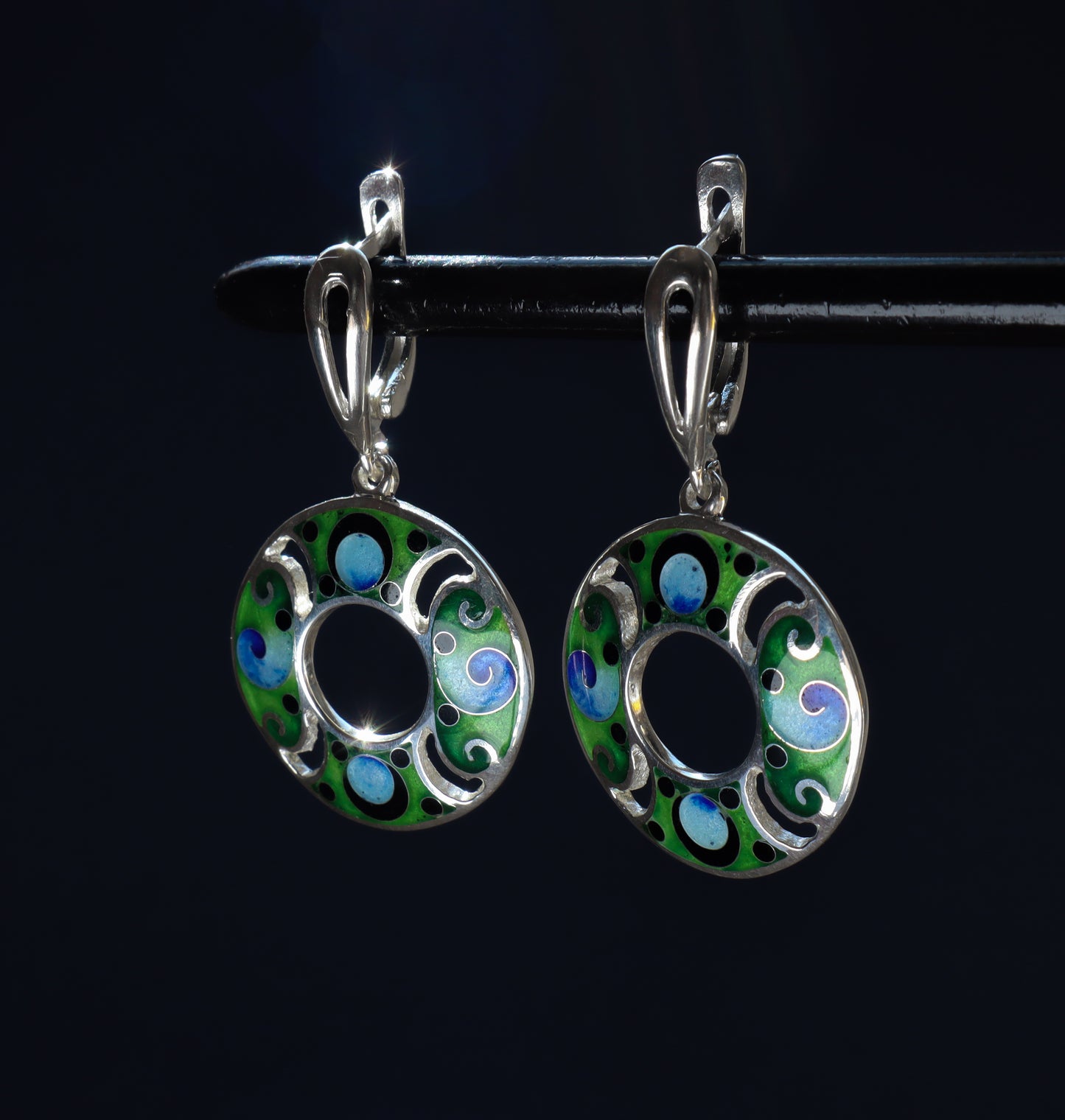 dangle earrings, cloisonne enamel earrings,