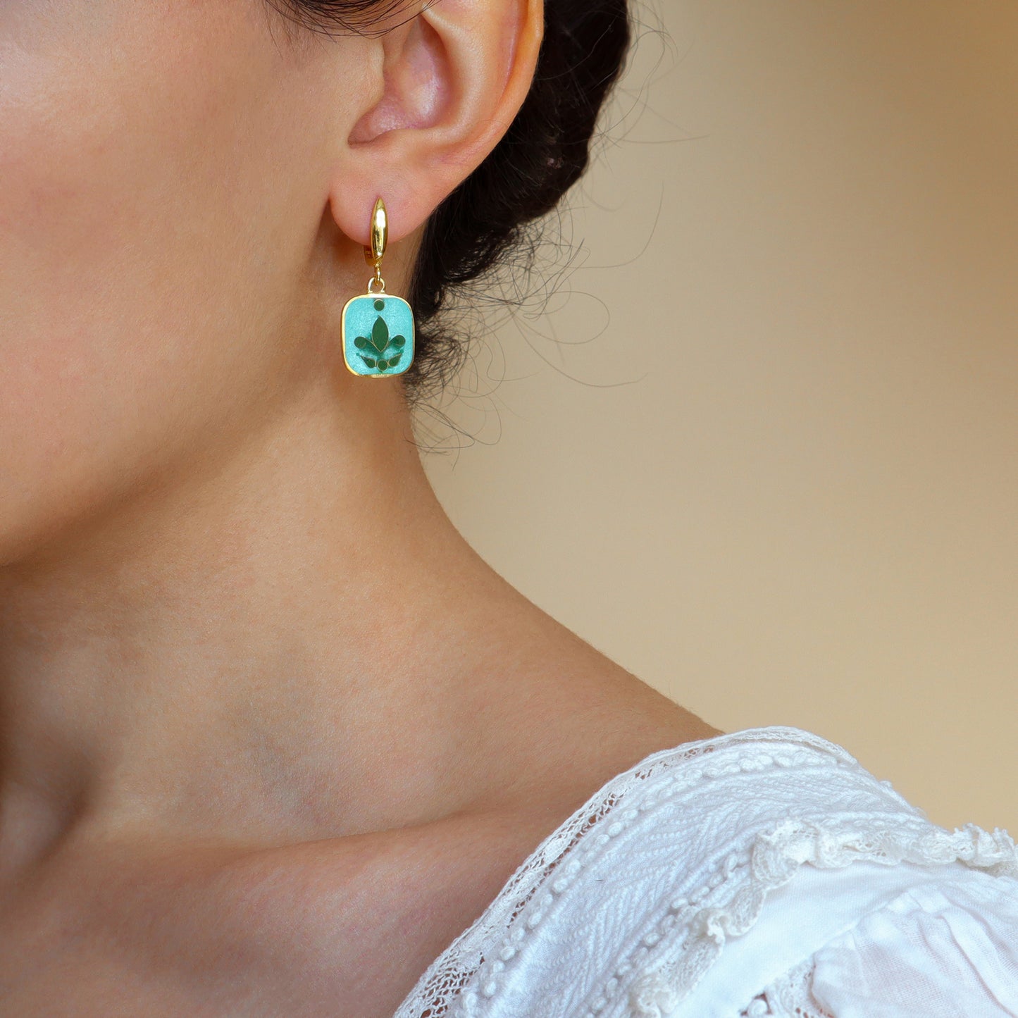 gold cloisonne earrings, handmade jewelry