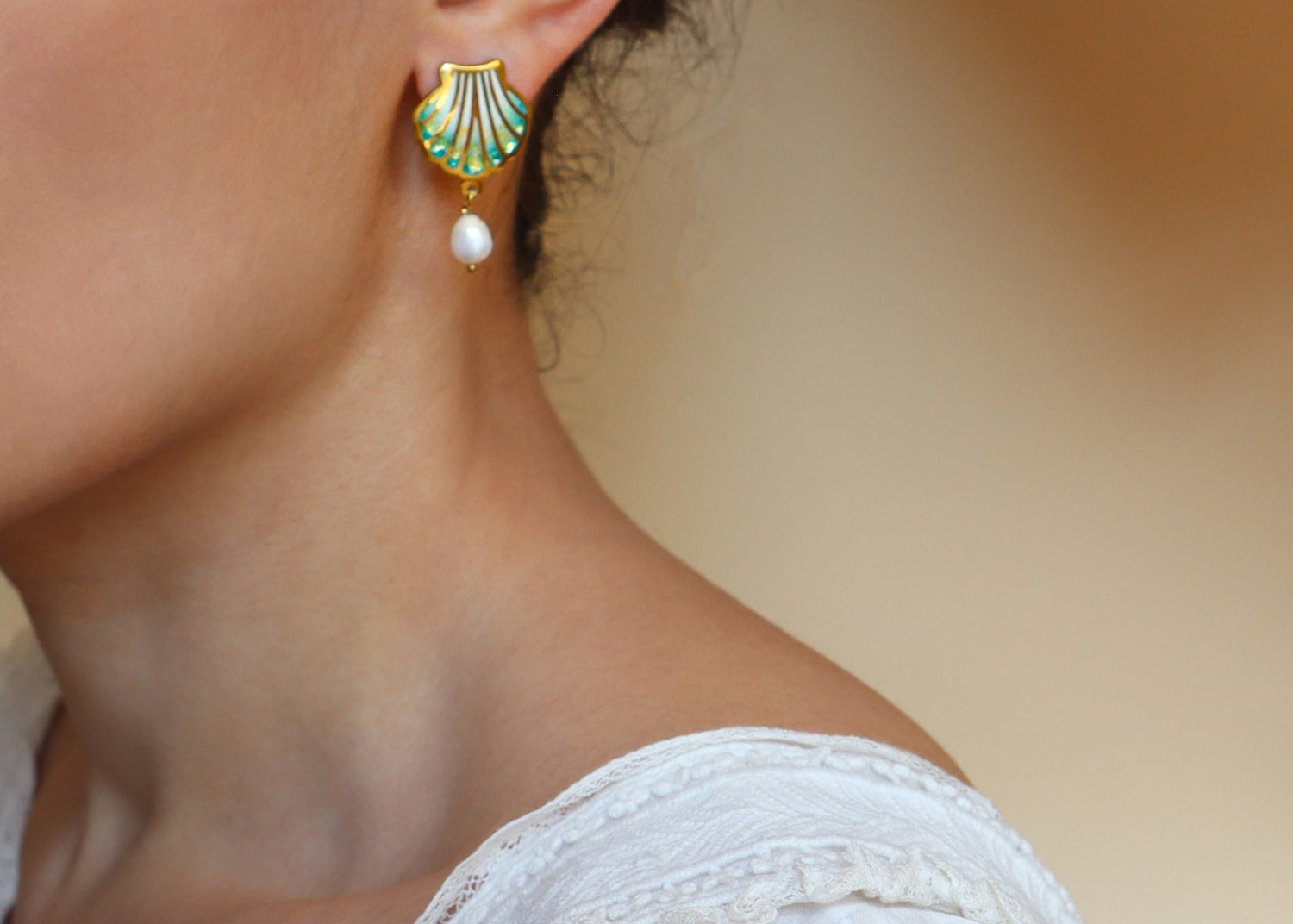 seashell gold earrings, enamel earrings
.