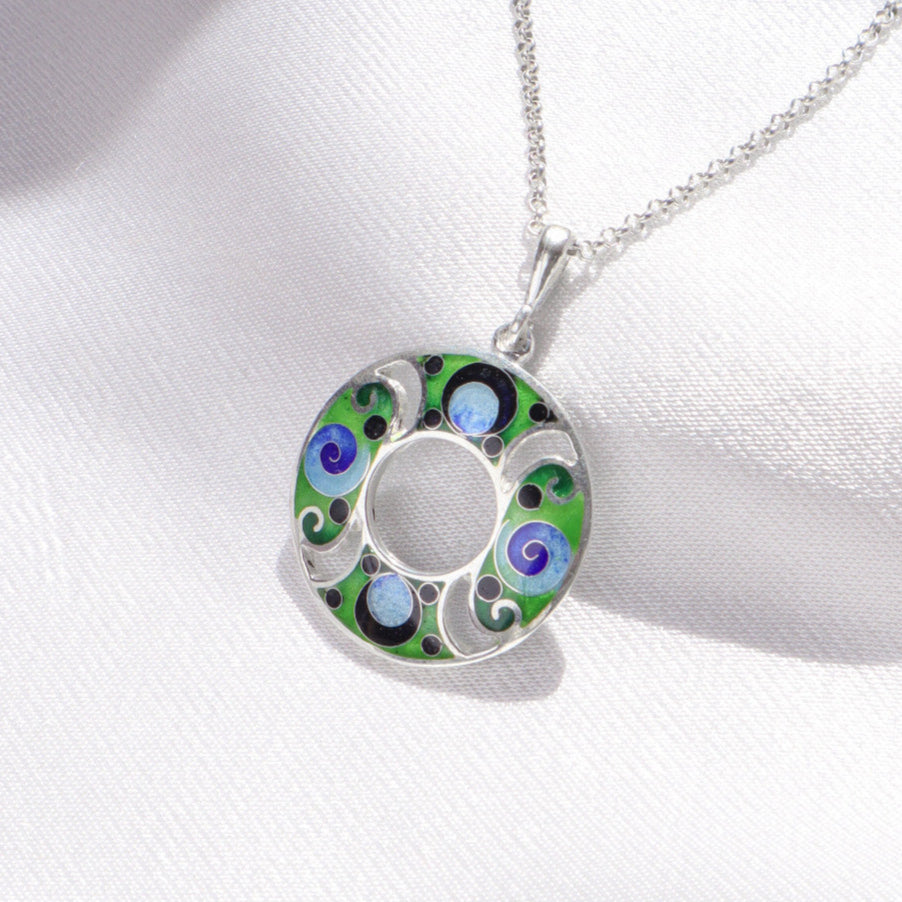 cloisonne necklace, silver enamel pendant