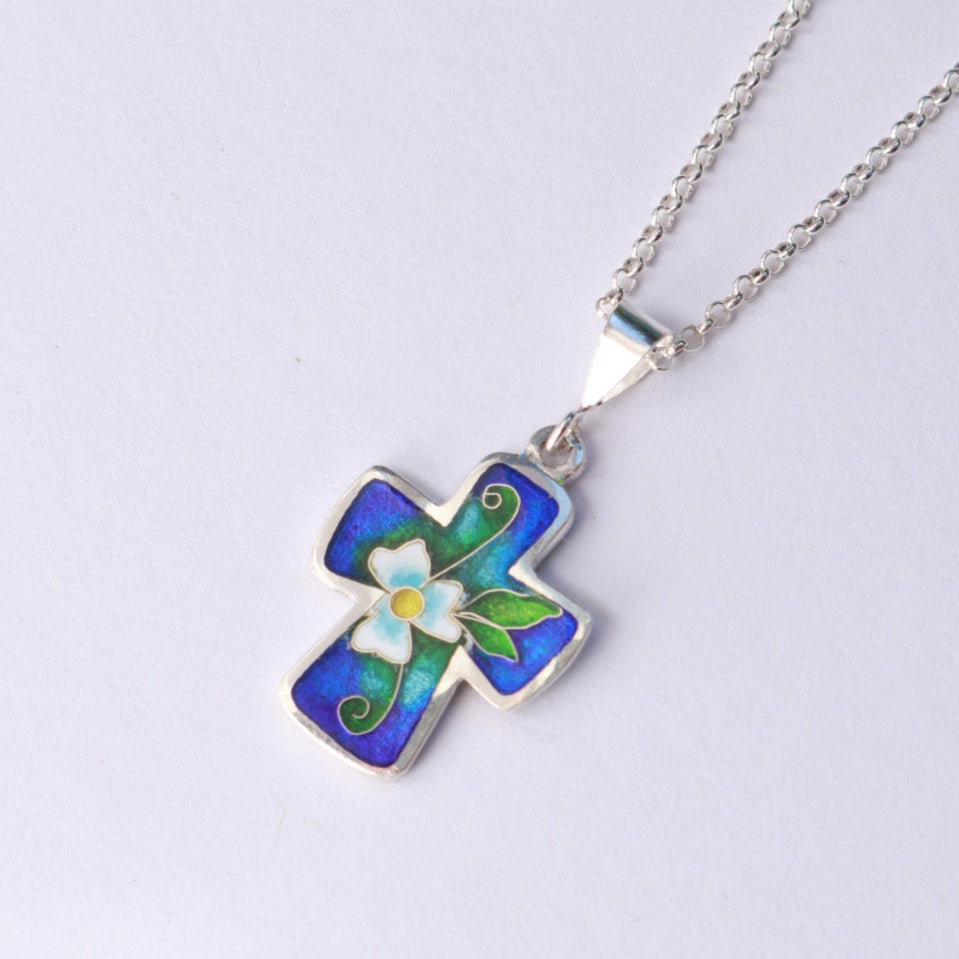 blue floral cross necklace