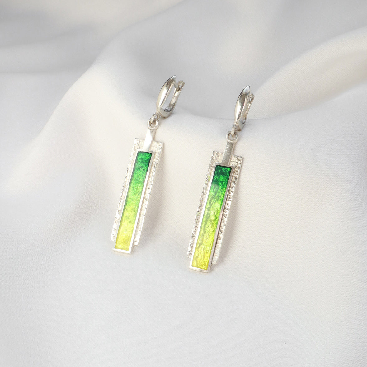 green enamel earrings, silver earrings