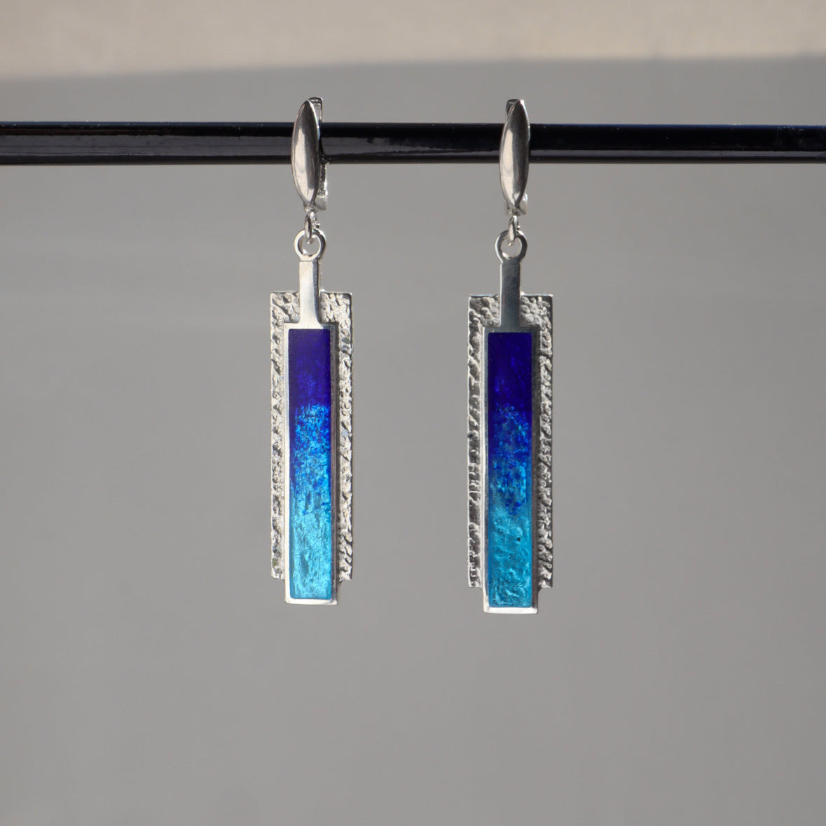 long silver earrings, blue enamel earrings