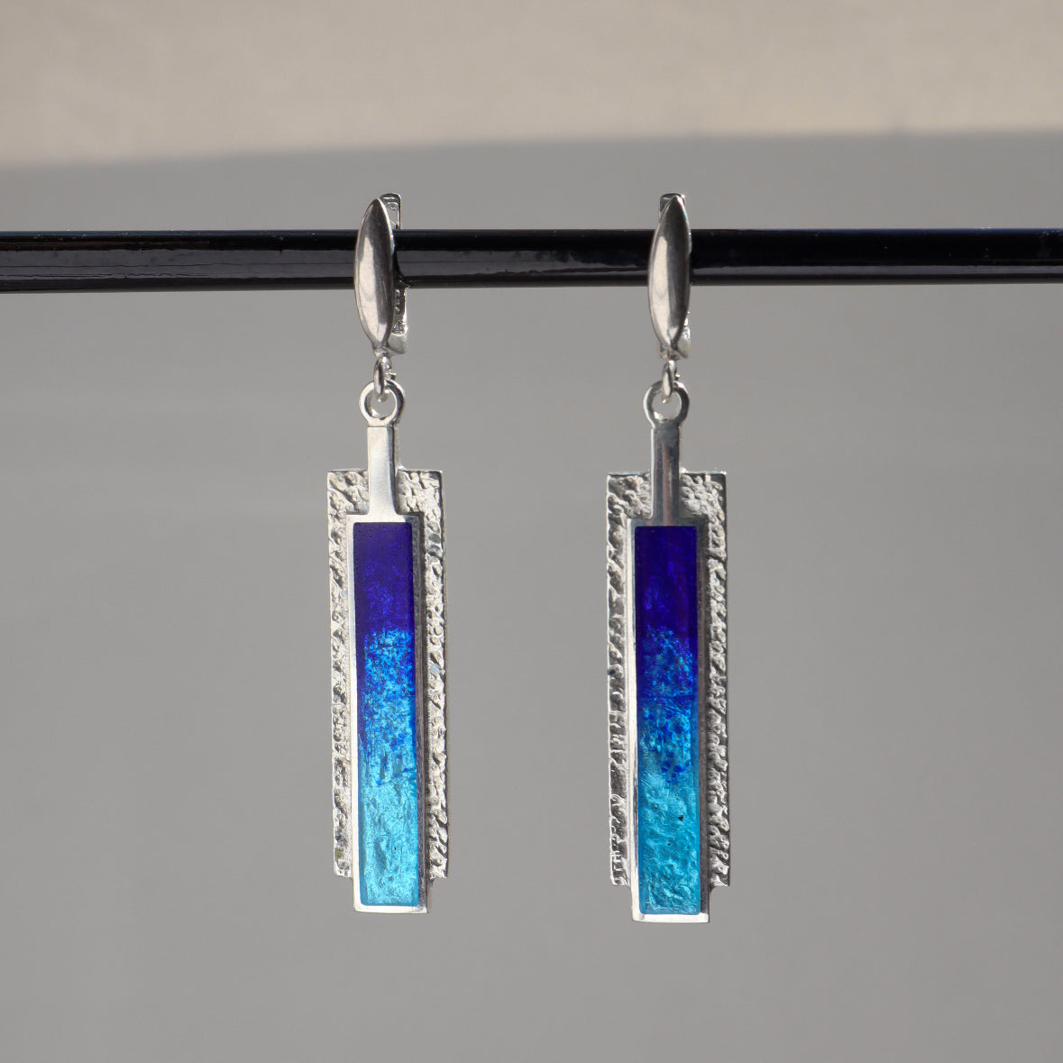 dangle silver earrings, blue enamel earrings