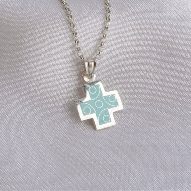 turquoise cross pendant, cloisonne cross necklace