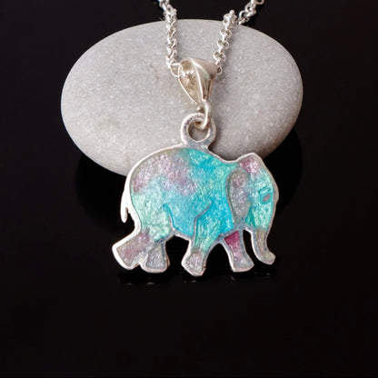 silver elephant necklace, blue and purple elephant