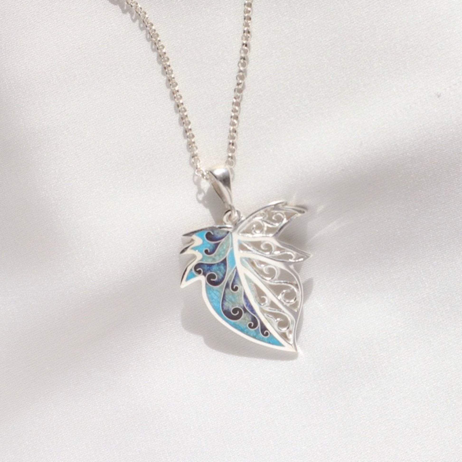 silver leaf necklace, enamel jewelry