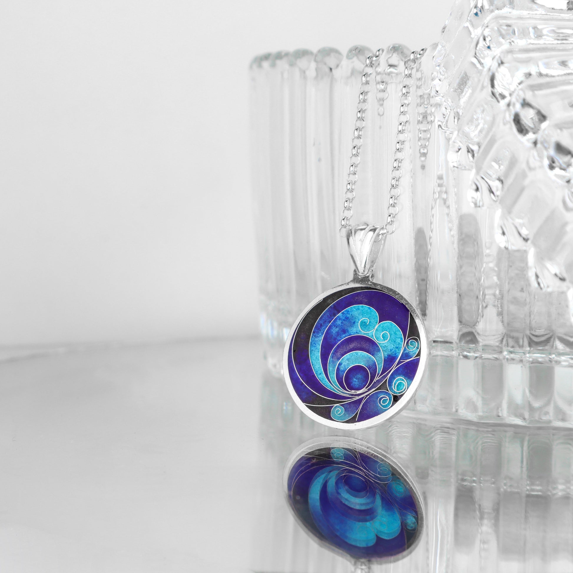 blue enamel pendant, sterling silver necklace