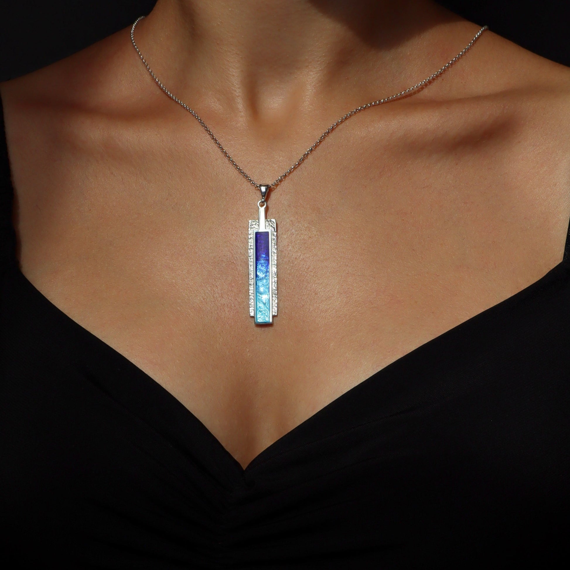 modern silver necklace, blue enamel pendant, georgian enamel