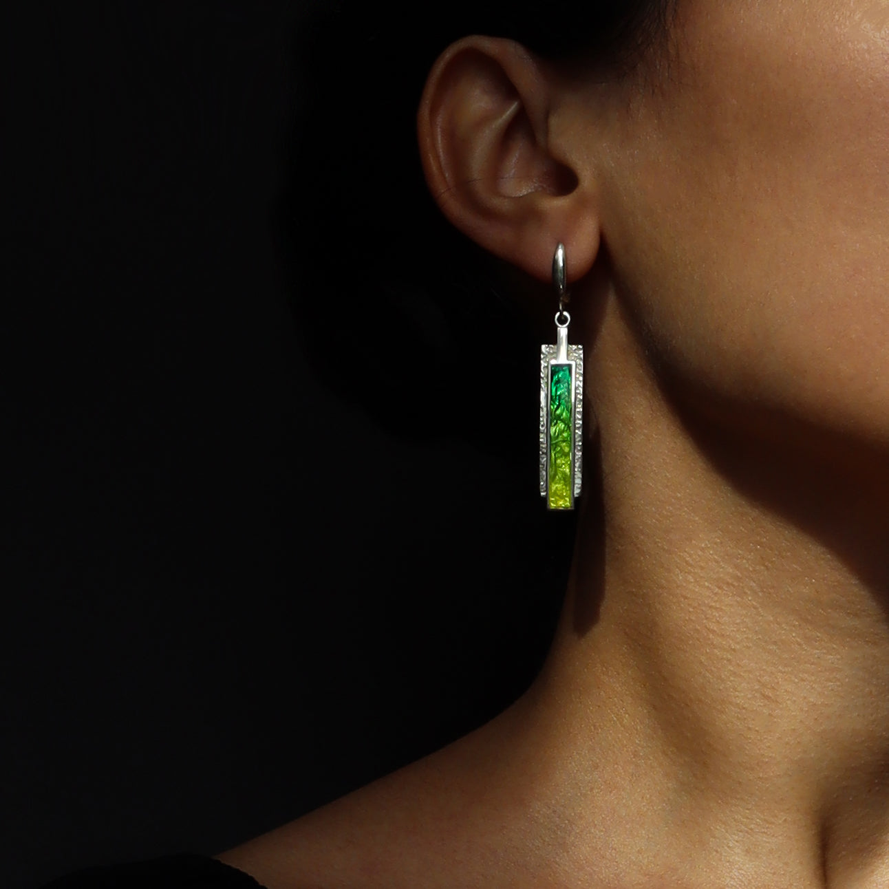 dangle silver earrings, green earrings