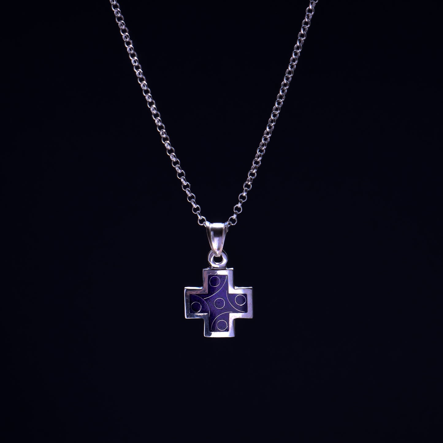 mens silver cross necklace, blue enamel cross