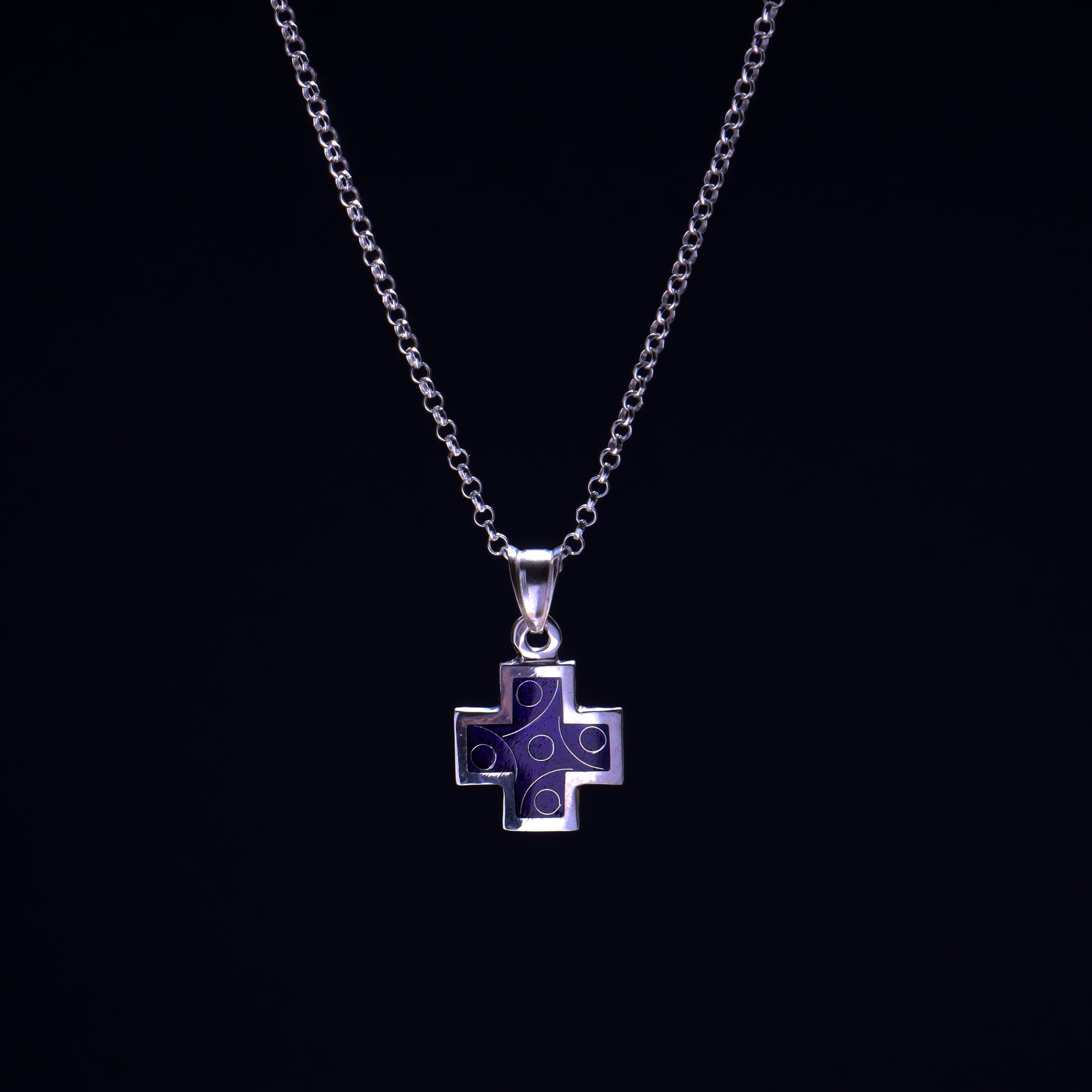 mens silver cross necklace, blue enamel cross