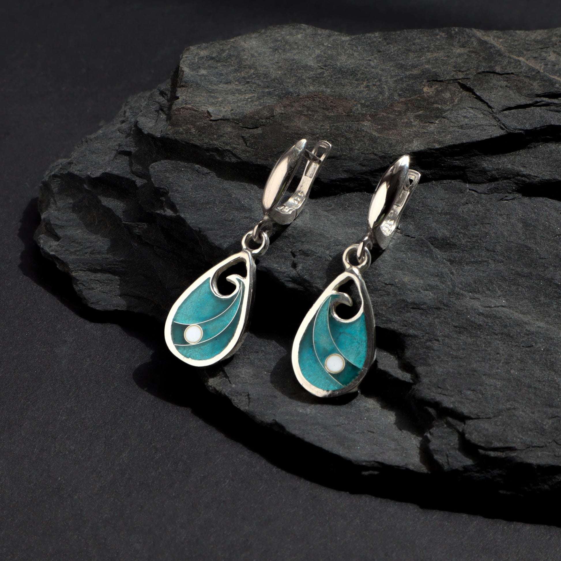 turquose blue earrings, cloisonne enamel