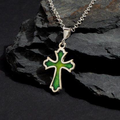 Green silver cross, christian jewelry