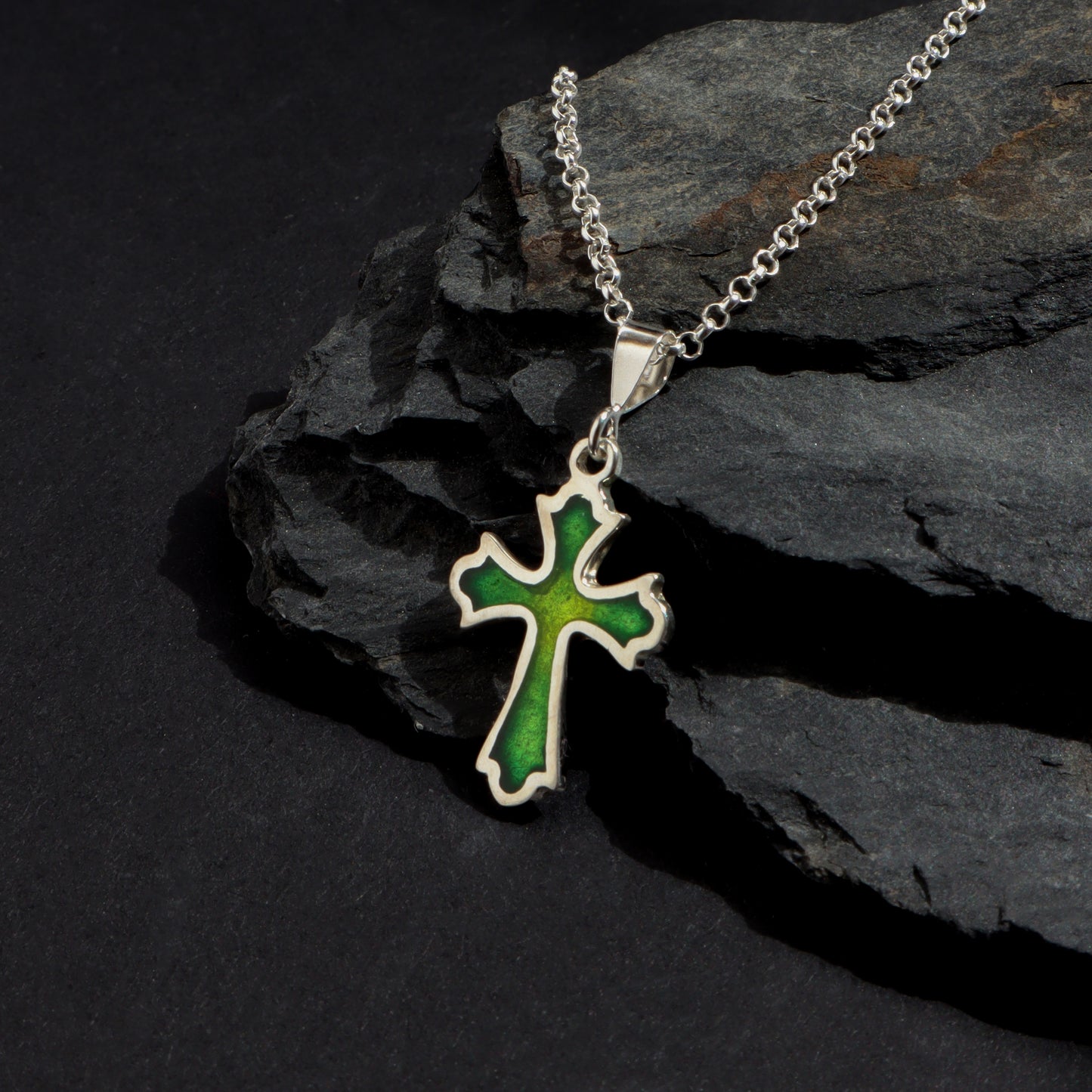 cross necklace for men, green silver cross