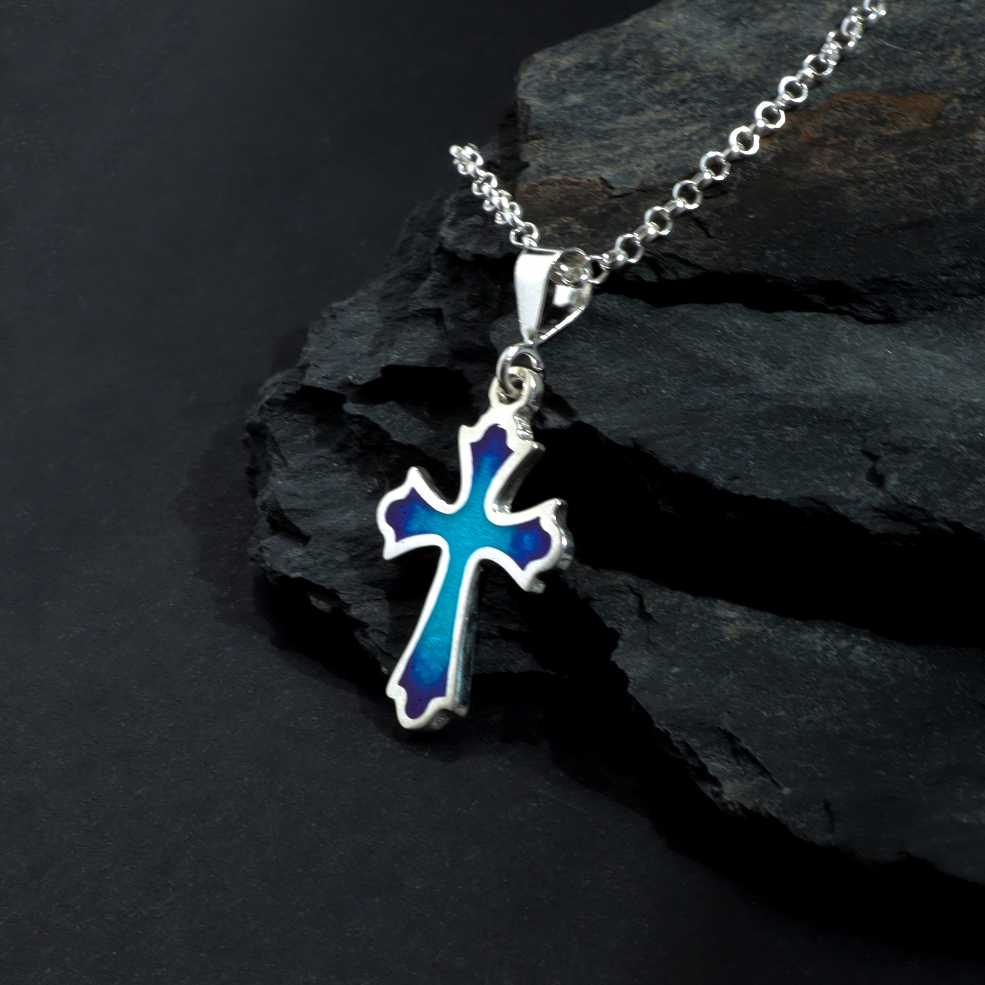 male cross necklace, blue cross, sterling silver 925