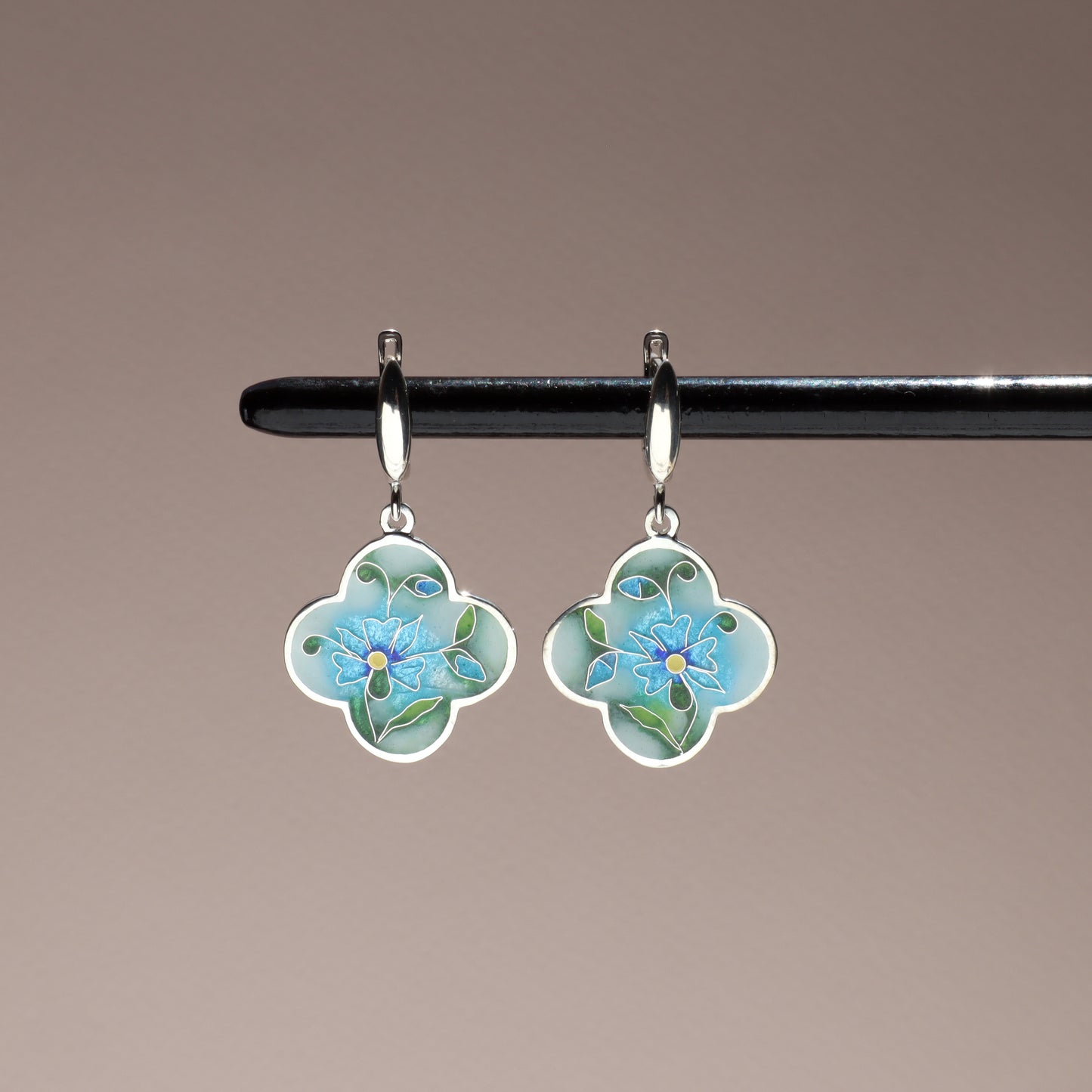 silver flower earrings, cloisonne enamel jewelry