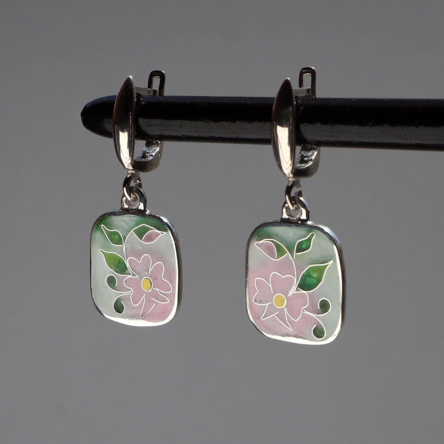 pink cloisonne earrings, floral silver earrings