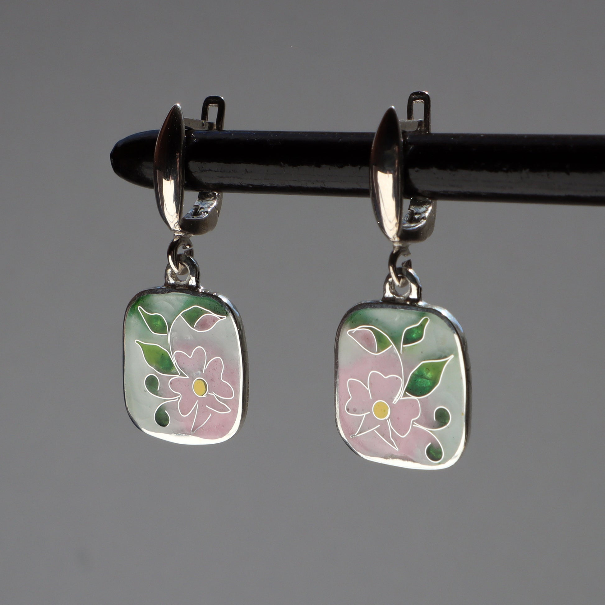 pink cloisonne earrings, floral silver earrings