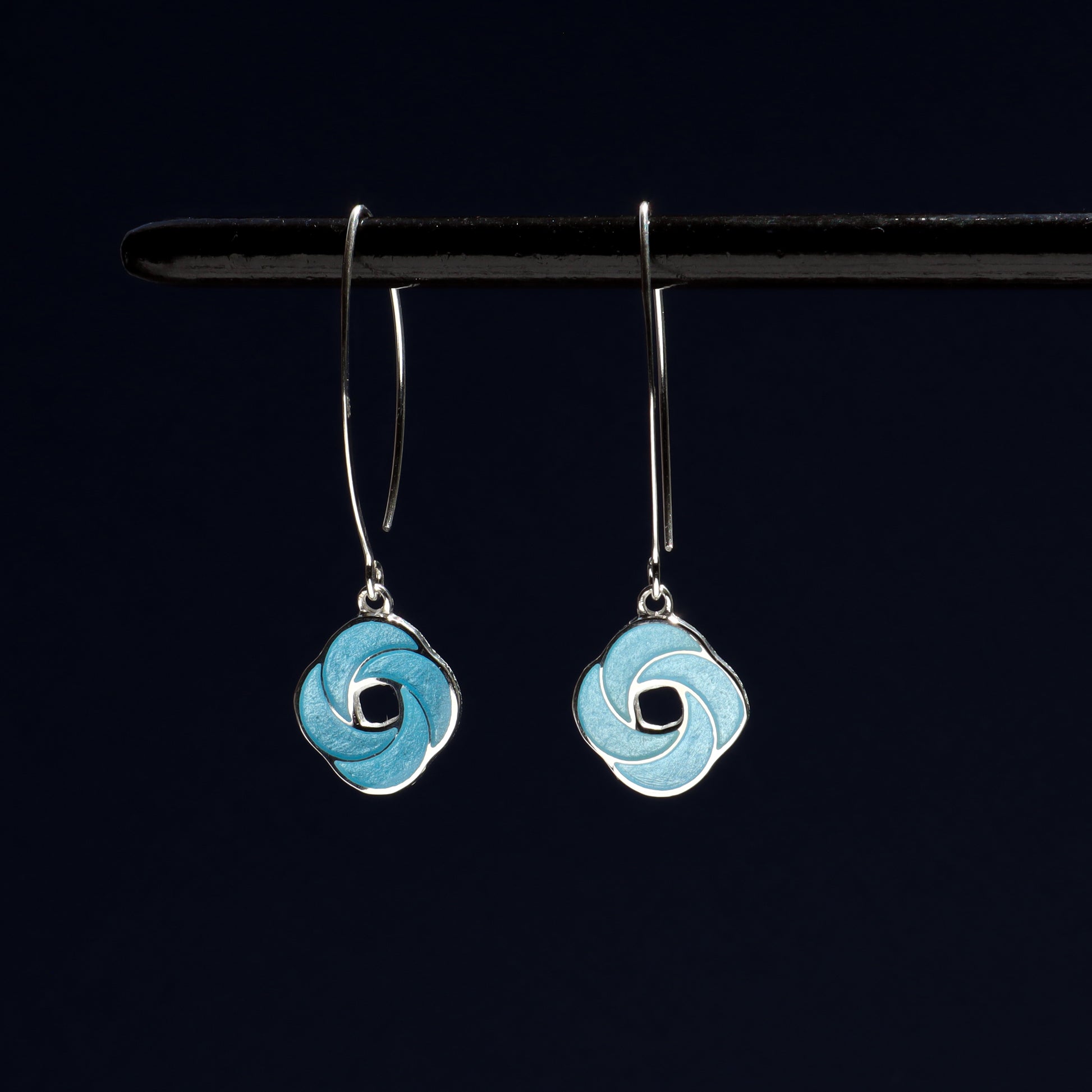 silver hoop earrings, blue enamel earrings