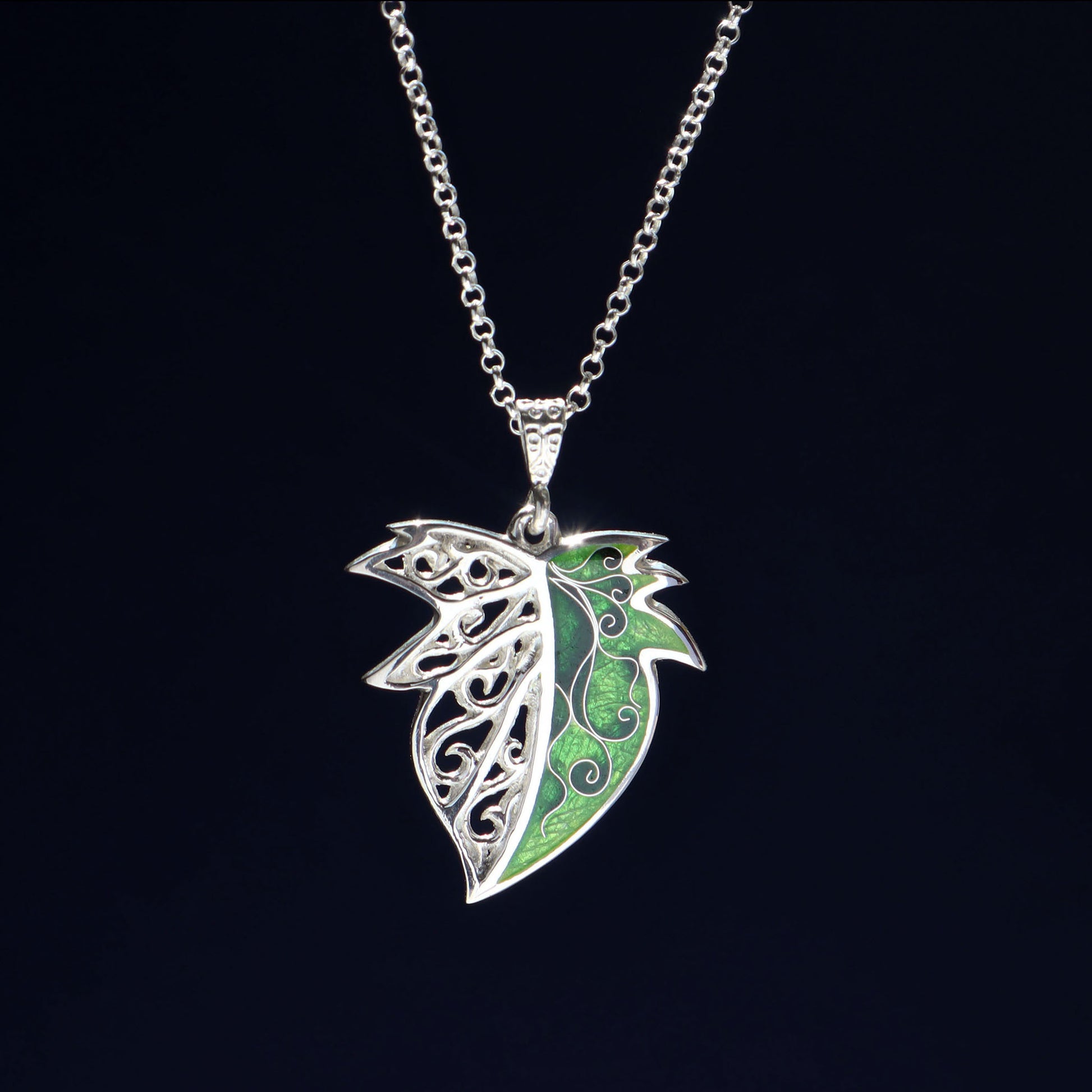 cloisonne leaf necklace, handmade silver pendant