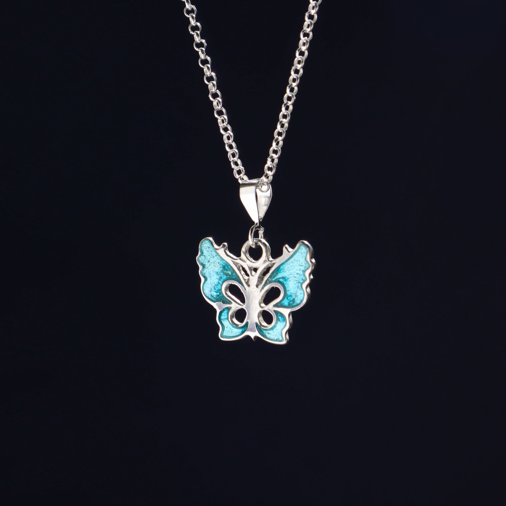 silver necklace with butterfly, enamel butterfly necklace