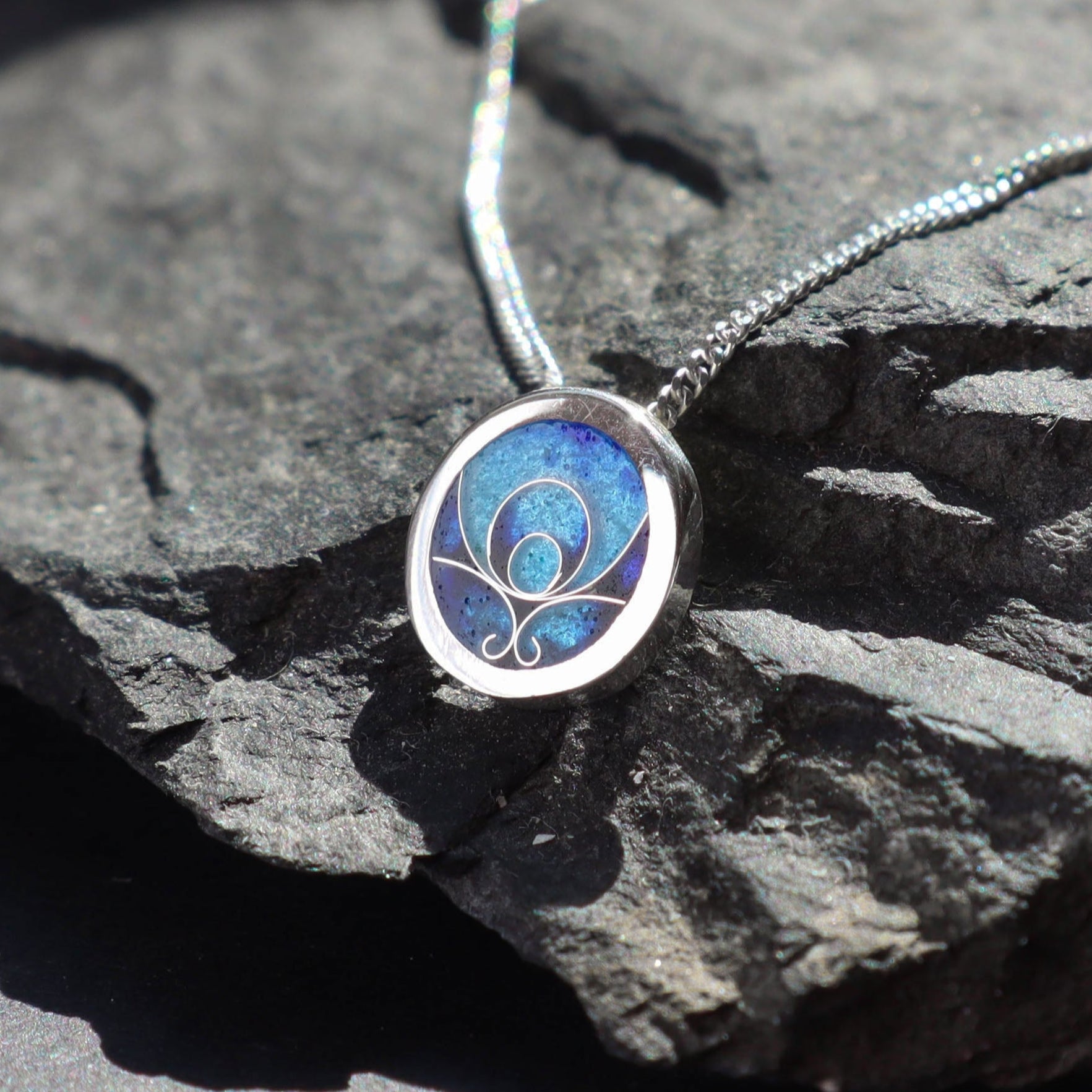 blue cloisonne necklace, sterling silver necklace